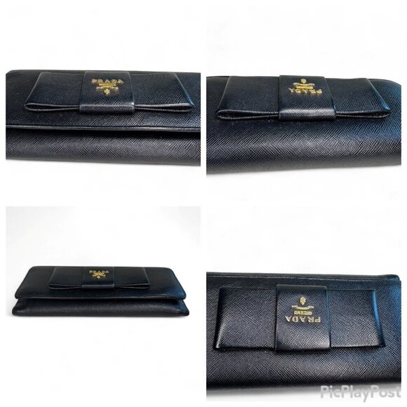 Prada Women's Long Saffiano Black Leather Bifold Ribbon Wallet - Picture 16 of 16
